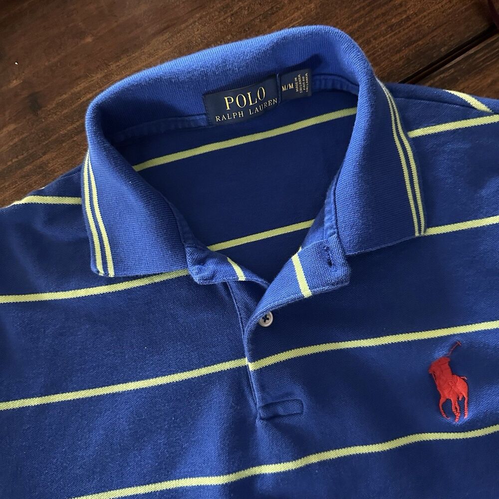 Polo Ralph Lauren Polo Shirt Mens Medium Blue Stripe Cotton Stretch Pony Logo *
